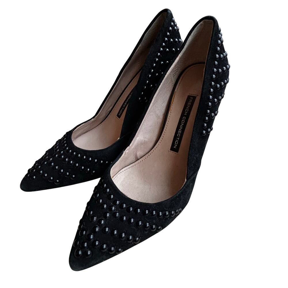 French Connection high heel pumps black suede uppers black studs 7M dressy shoes